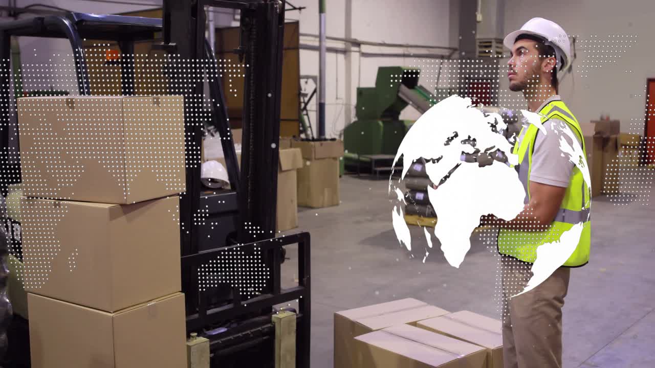 World map pulsing warehouse worker beside forklift boxes grabbing tablet swiping and recording data