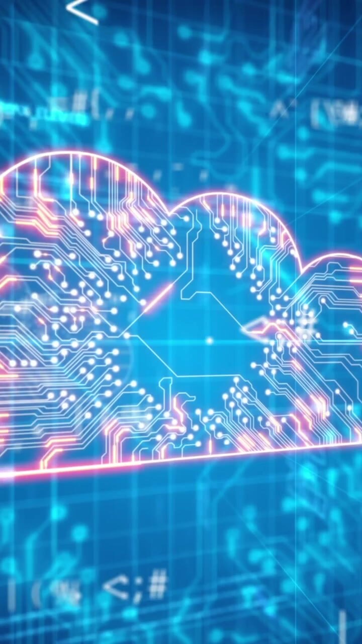 Animation of digital cloud, math symbols and integrated circuit on blue background