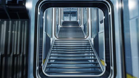 volando a través de un corredor de una nave espacial y la cámara sube las escaleras. animación 3d realista. muestra el interior de una nave
