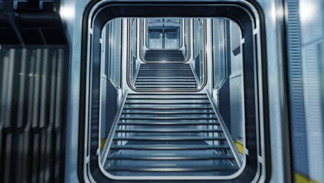 flying through a corridor of a spaceship and camera goes up the stairs. realistic 3d animation. it shows the interior of a spaceship