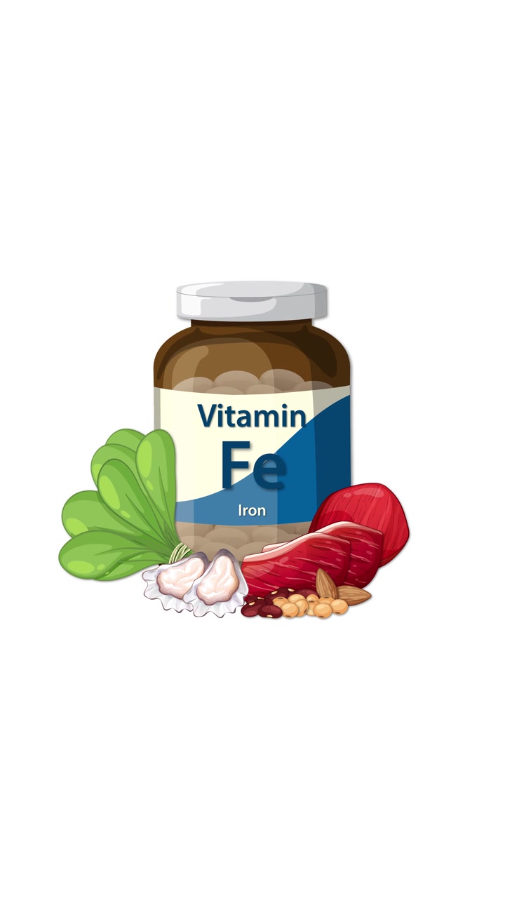 Flacone di integratore di ferro con etichetta, gradualmente affiancato da spinaci, carne, fagioli e noci, su sfondo bianco.