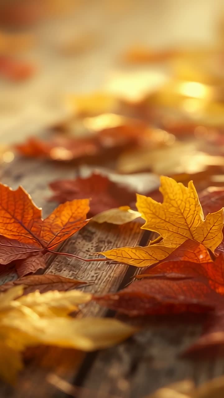 Vertical video: Camera recording shifting focus on autumn maple leaves on weathered deck