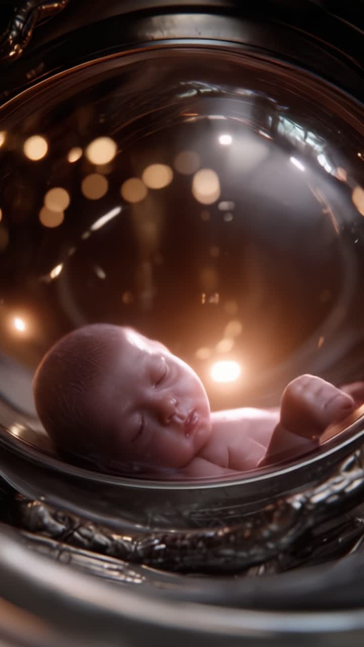 Um Bebê Sereno Deita-se Confortavelmente em uma Superfície Reflexiva, Cercado por Luzes Suaves e Brilhantes que Realçam a Atmosfera Serena Neste Momento Cativante de Inocência