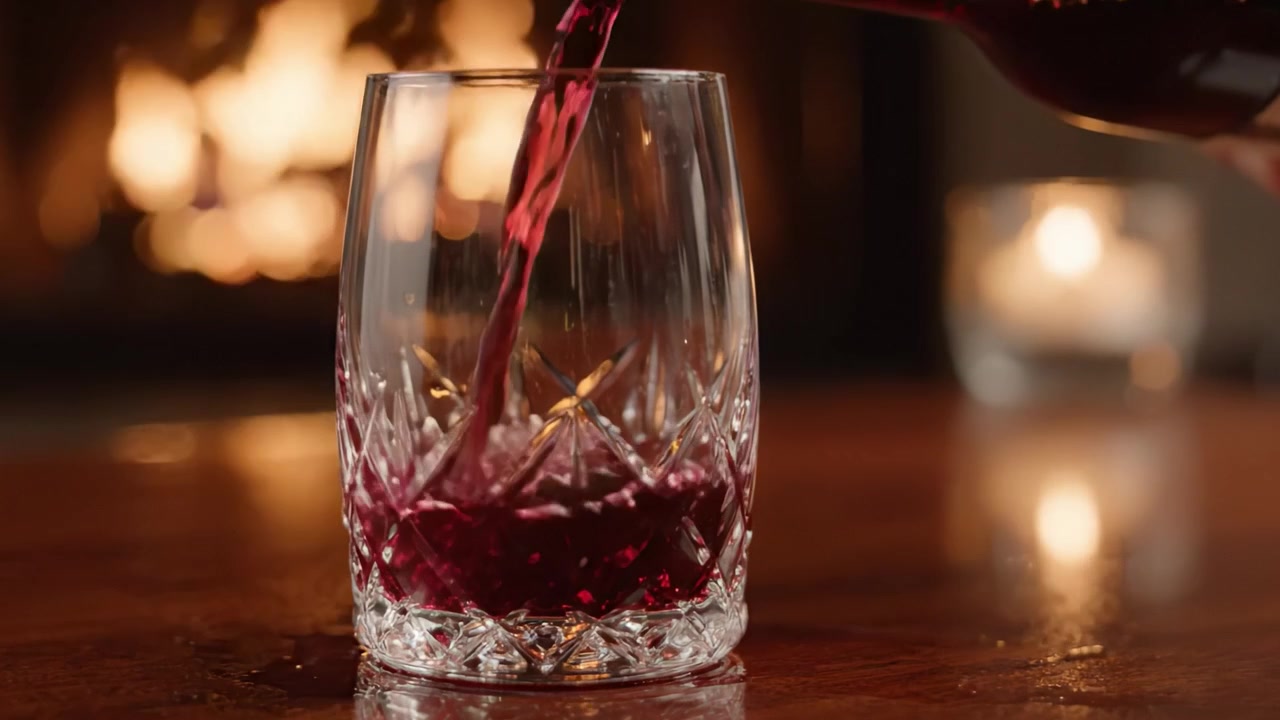 Una serata accogliente accanto al camino: versando un ricco vino rosso in un bicchiere di cristallo, creando un'atmosfera invitante per il relax e il piacere.