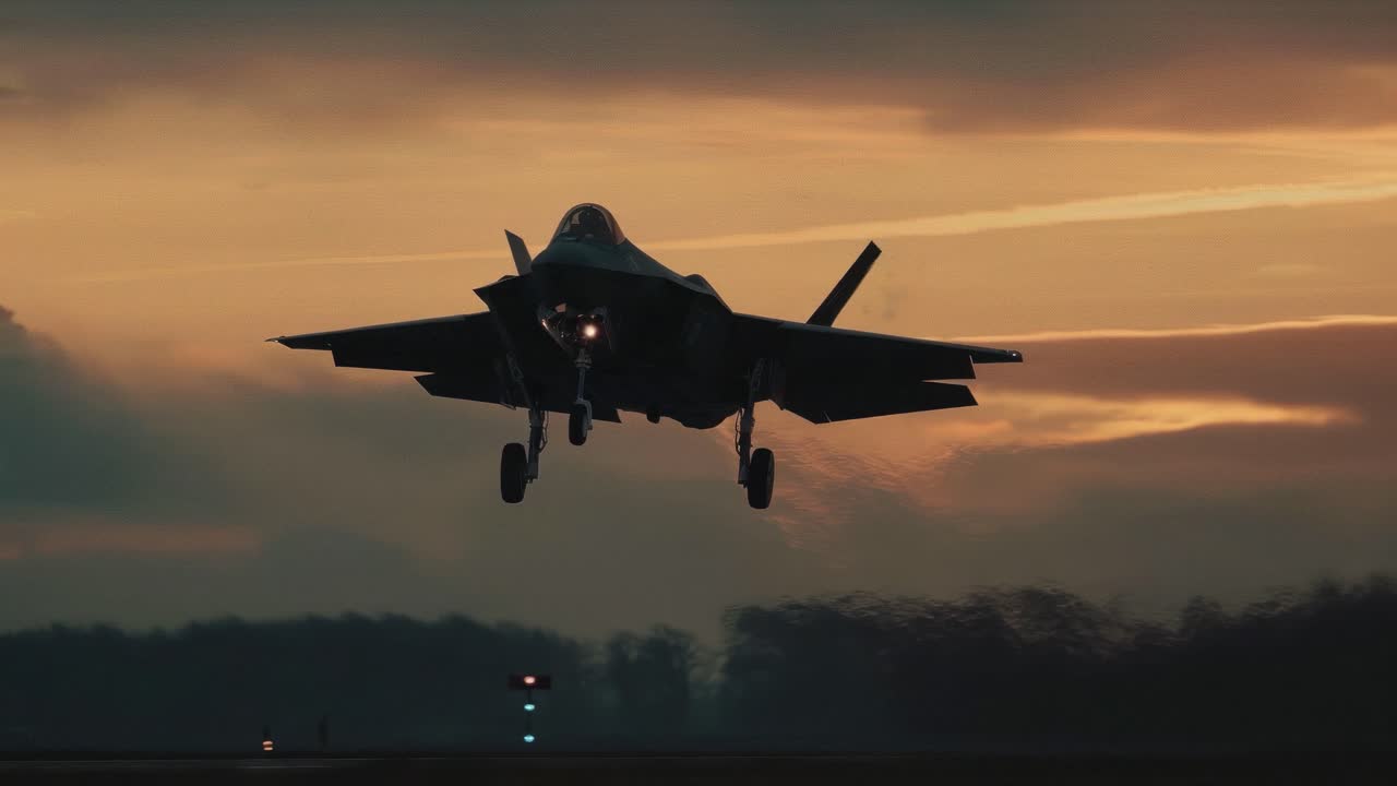 Silhouette of a jet landing at sunset, captured from a low-angle, evoking a cinematic video style