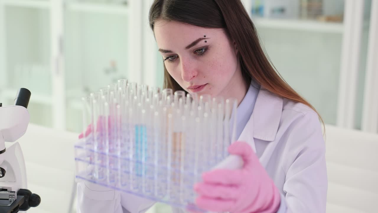 A female scientist in a lab coat and gloves examining test tubes in a laboratory