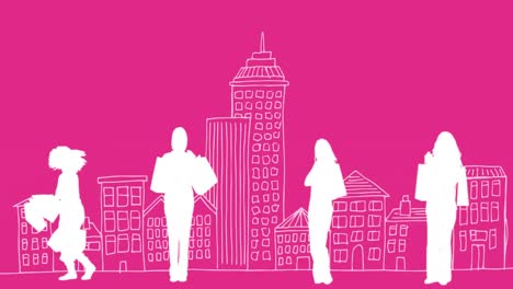 Animation-of-silhouettes-of-women-shopping-over-cityscape