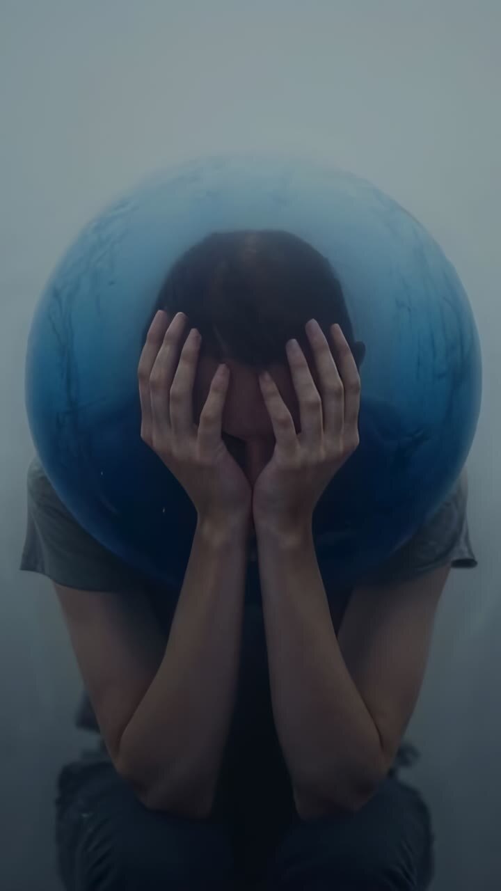 Video verticale: donna che si copre il viso mentre una palla blu rotola verso destra su una parete semplice, pantaloncini grigi