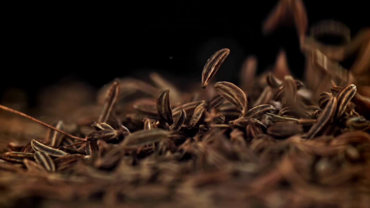 Slow Motion Macro Shot of Cumin Spice Seeds Falling