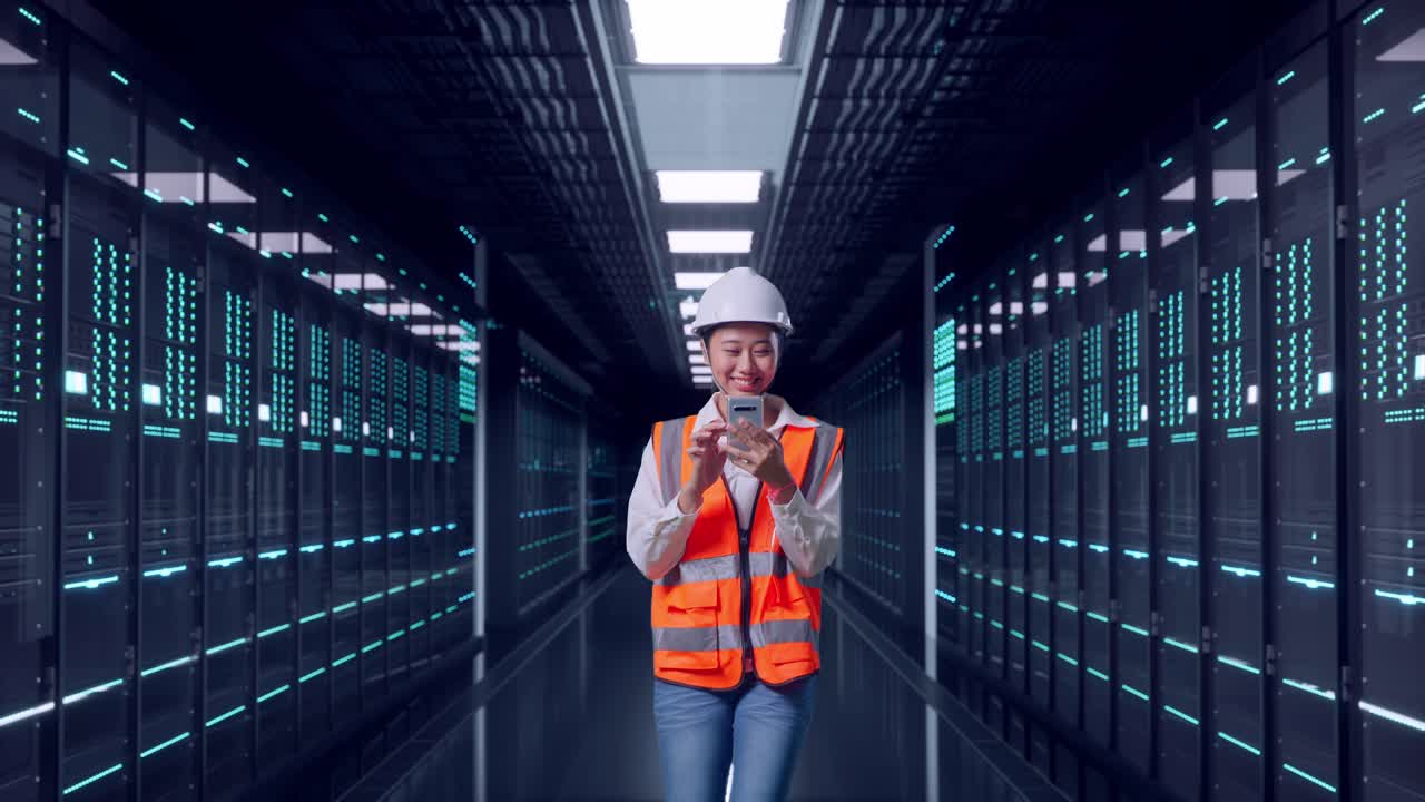 Front View of Asian Female Engineer Use Smartphone While Walking in Server Room Data Center