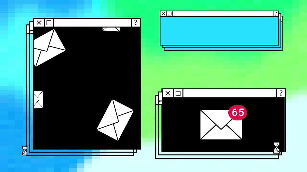 파란색 배경 위에 여러 창과 메시지 아이콘의 애니메이션