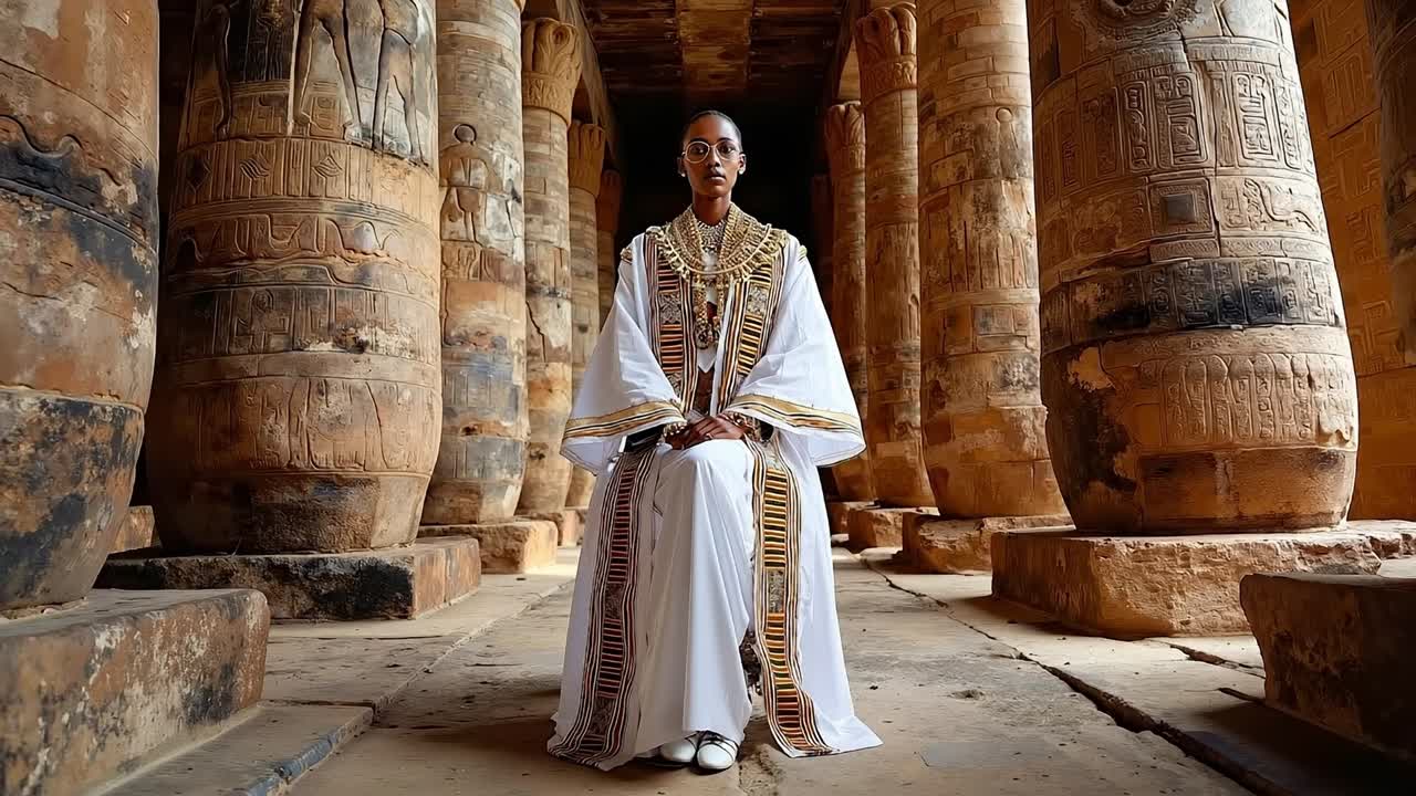 A woman in a white robe standing in front of a row of pillars
