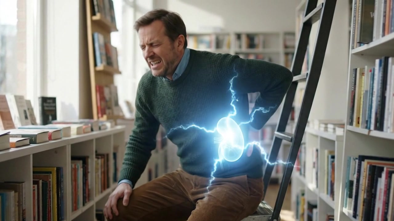 Uomo seduto che si tiene il fianco dolorante con sovrapposizione di rene illuminato in una biblioteca domestica