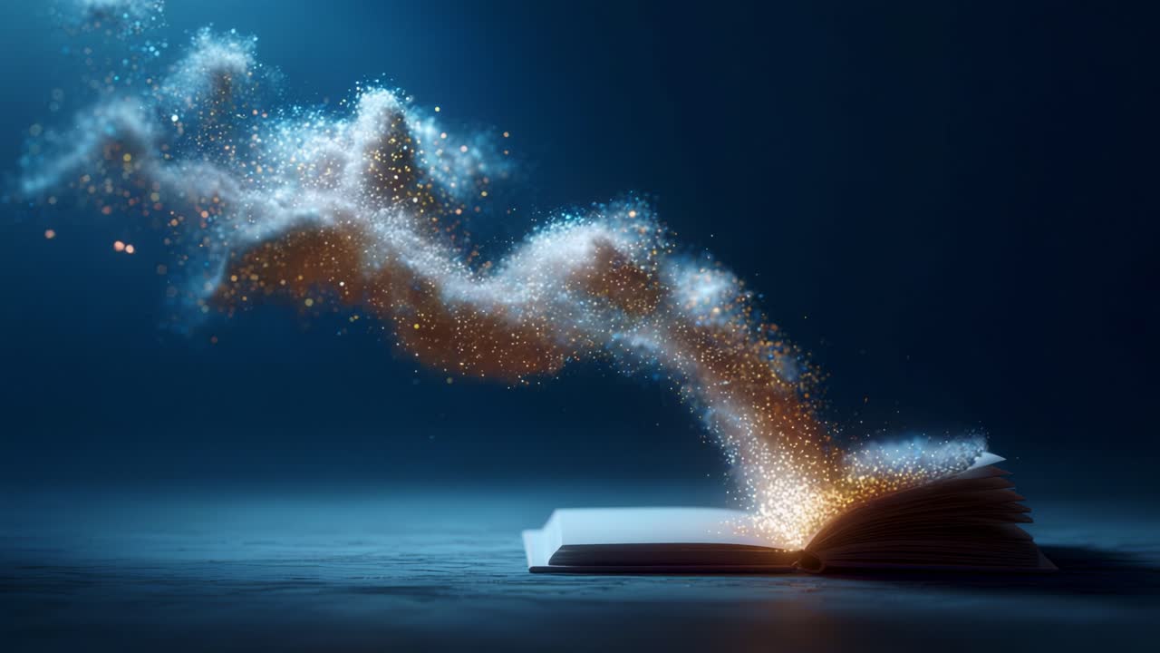 Mystical Book Release: A Stunning Display of Sparkling Particles Emanating from an Open Book, Capturing the Essence of Imagination and Creativity Everywhere in a Darkened Setting