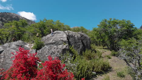 AERIAL---People-hiking-in-Arrayanes-National-Park,-Villa-La-Angostura,-Neuquen,-Argentina