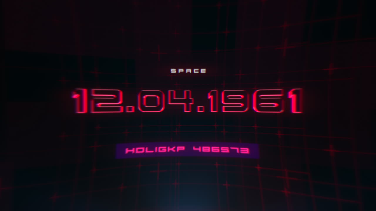 12.04.1961 with HUD elements on computer screen with glitch effect
