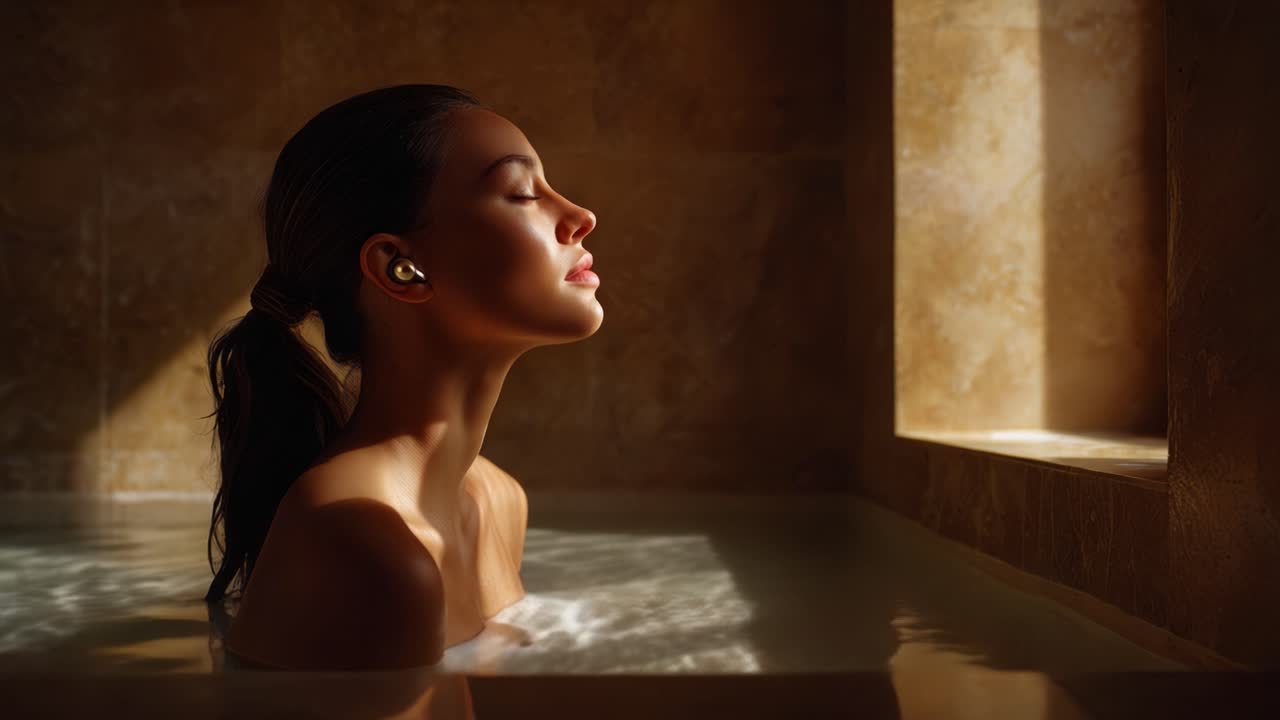 Un momento sereno di relax e tranquillità mentre una giovane donna si gode un bagno caldo, illuminata da una luce naturale soffusa che filtra da una finestra, esaltando la sua espressione pacifica.