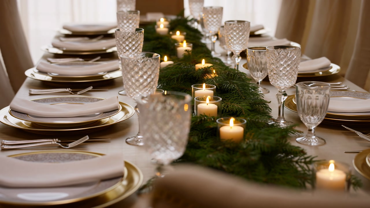 Elegant Holiday Table With Candles Crystal Glasses Evergreen Garland Runner, Gold Chargers Folded Linen