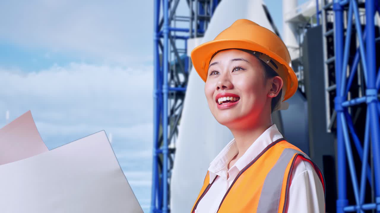 안전 헬을 입은 아시아 여성 엔지니어가 우주왕복선과 함께 서 있는 동안 손에 블루프린트를 보고 있다.