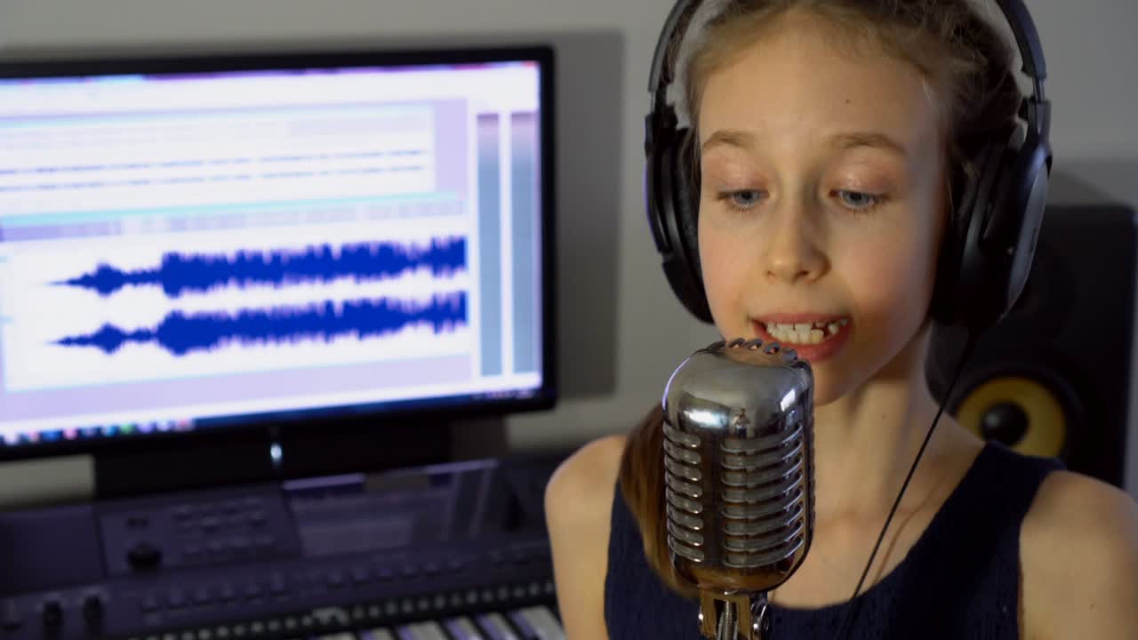 una niña grabando una canción en un estudio de grabación en casa.