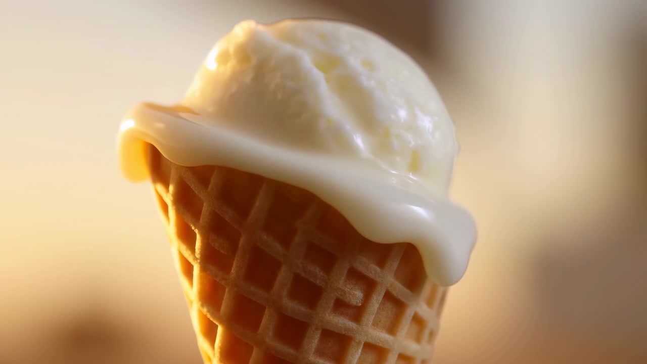 Una vista ravvicinata di una pallina di gelato cremoso alla vaniglia su un cono waffle, illuminata da una luce calda e soffusa su uno sfondo neutro sfocato