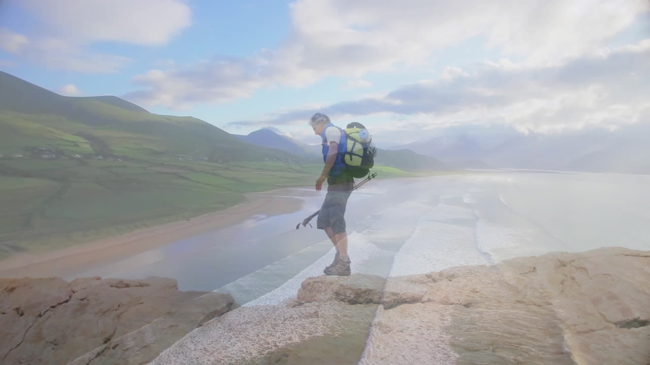 Man standing on rocky cliff, with animated map markers and chart overlays presenting business data