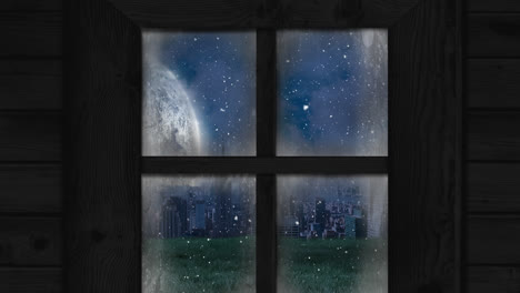 Animation-Einer-Winterlandschaft,-Gesehen-Durch-Das-Fenster