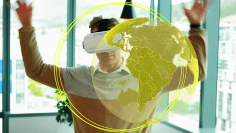 animation of globe with network of connections over businessman wearing vr headset