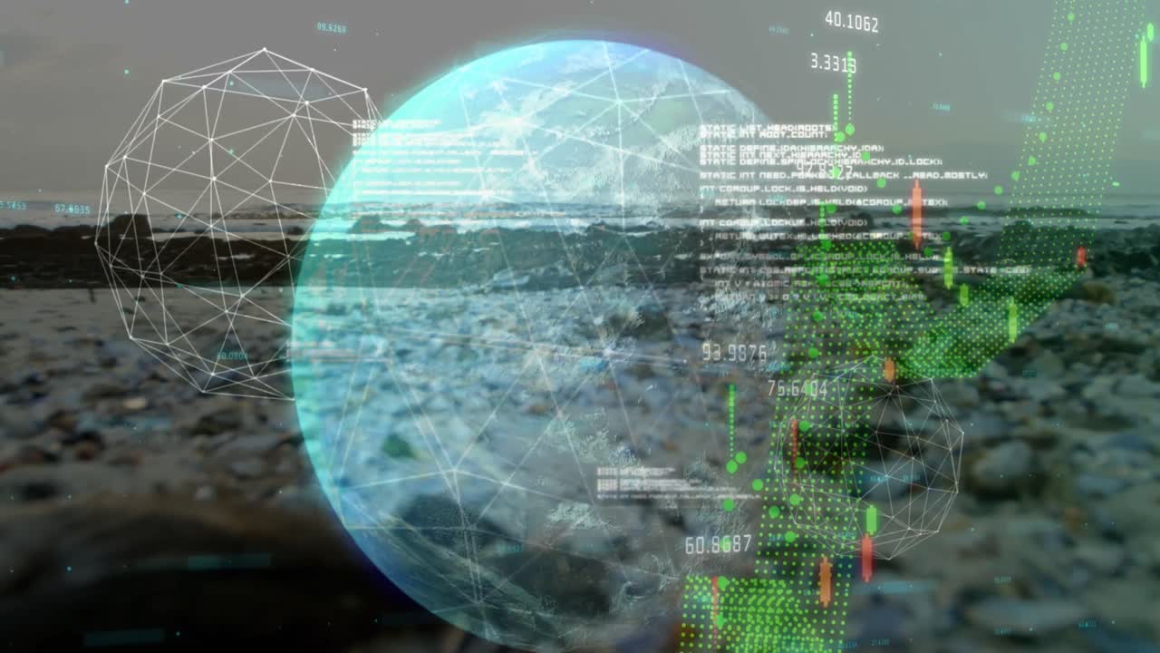 Animation of data processing over globe and beach