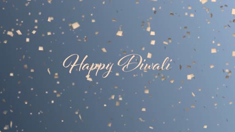 animation of happy diwali text and confetti falling on blue background