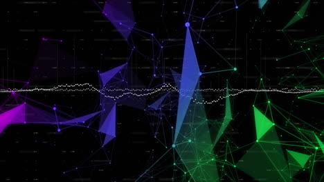 Animation-of-data-processing-and-plexus-networks-against-black-background