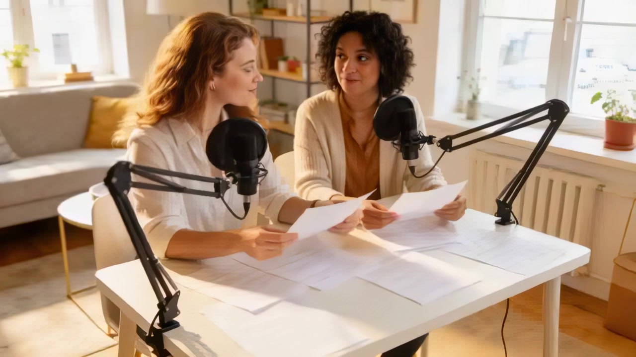 Recording two hosts cueing, reading scripts, speaking into mics at home, wearing shirt, cardigan