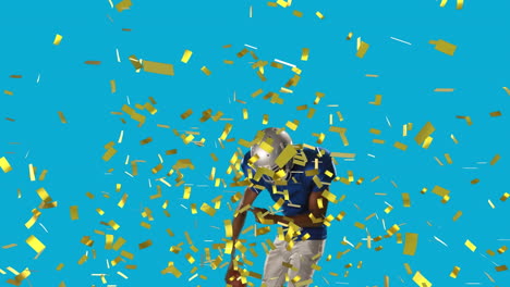 animation of confetti falling over american football player with ball on blue background