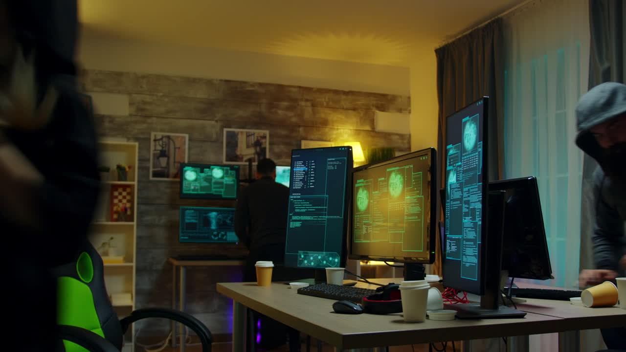 Police lights while team of hackers are running away