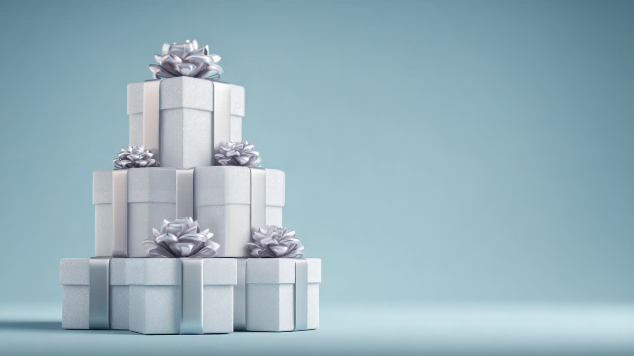 Una splendida composizione di confezioni regalo bianche, decorate con piante grasse argentate, su uno sfondo blu tenue per un'atmosfera festosa