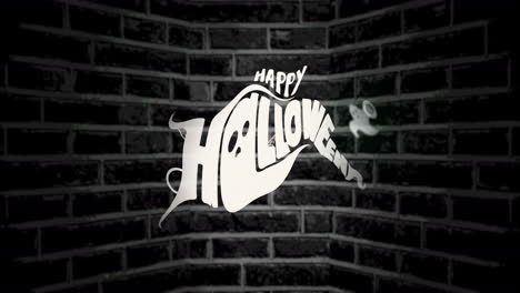 animation of happy halloween text on brick background