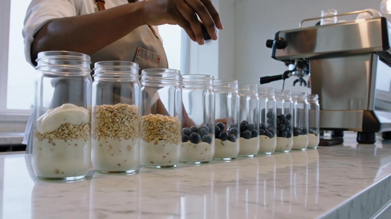 Scooping yogurt, barista in beige apron assembling glass jars on marble counter with granola