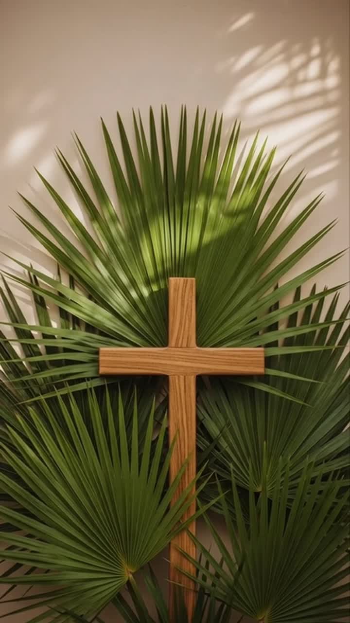 Palm sunday christian cross with green leaves