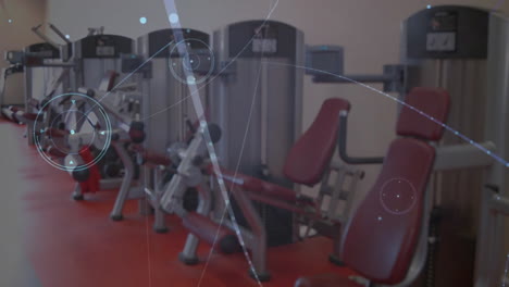 Gym-equipment-with-digital-data-processing-animation-over-exercise-machines