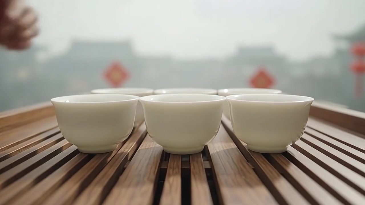 Hands Arranging Small White Tea Cups on a Wooden Tray