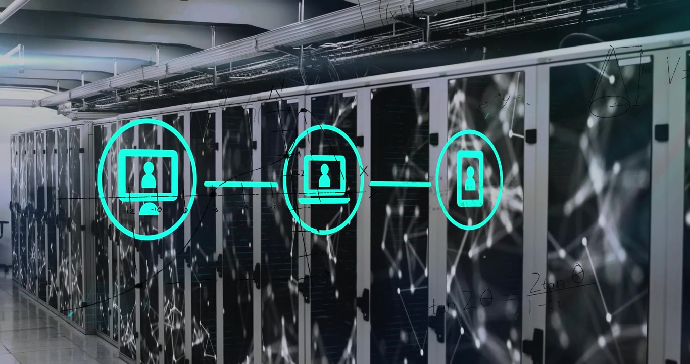 Digital Network Connectivity Icons Over Server Room Background
