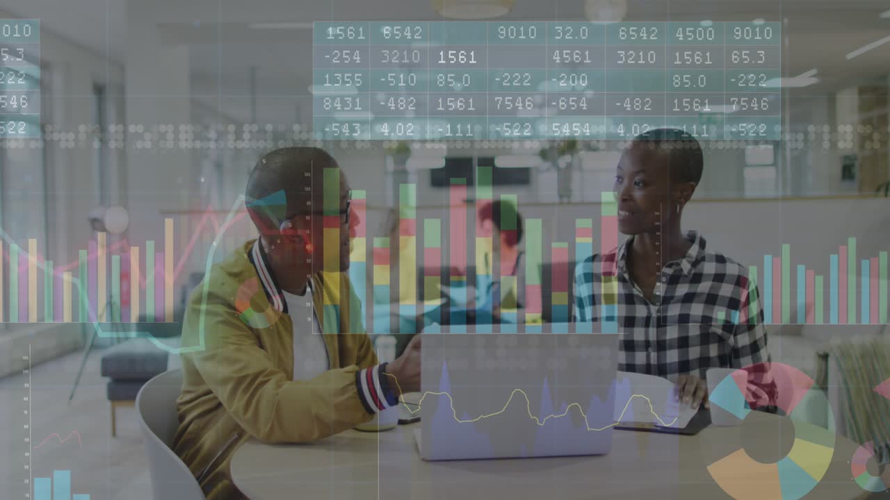 Animation of statistical data processing over diverse man and woman discussing over laptop at office