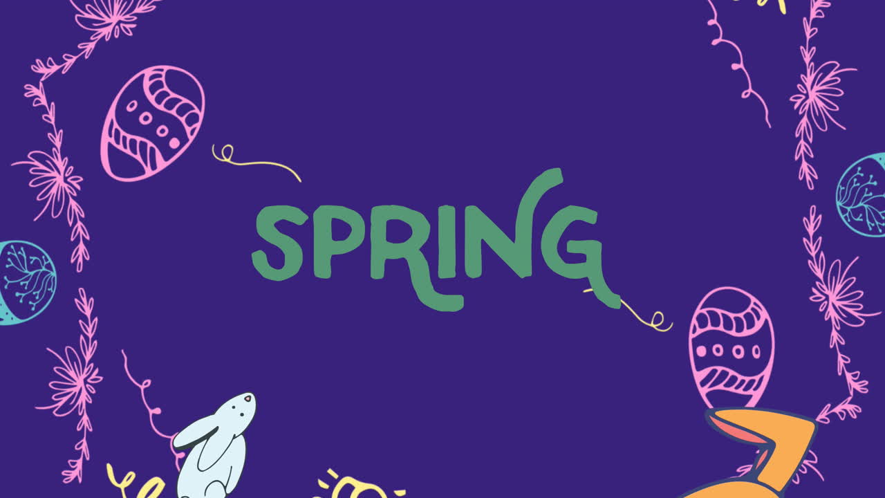 Animation of spring, bunny and easter eggs on violet background