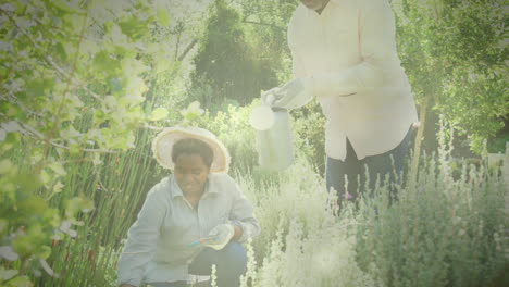 video of blue lights over biracial man and woman working in the garden