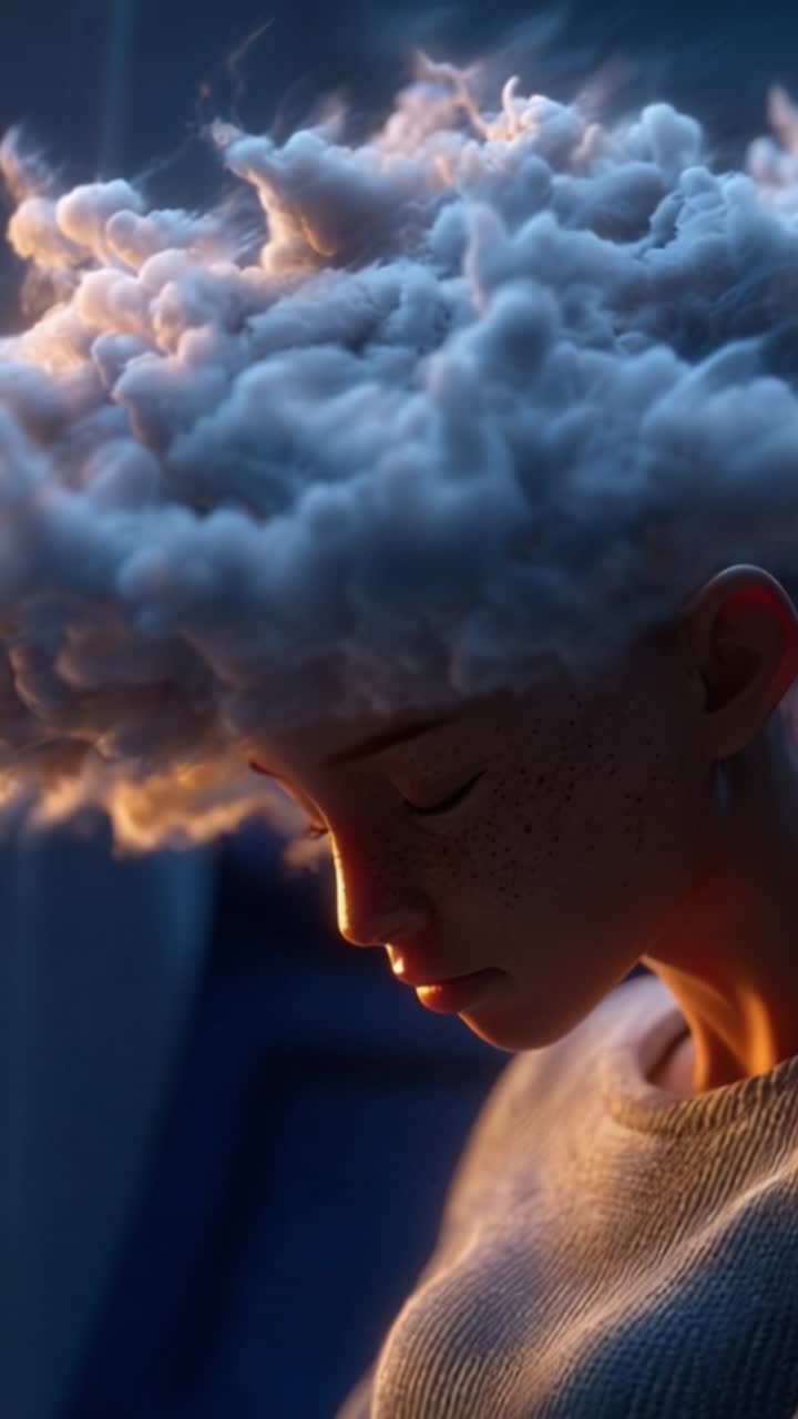 Een surrealistische voorstelling van een personage met pluizig, wolkachtig haar, waarbij creativiteit en verbeelding samenkomen in een boeiend spel van licht en emotie