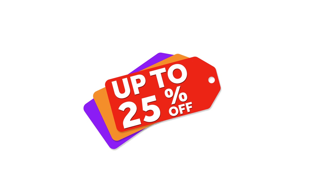 Un cartellino del prezzo promozionale rosso, arancione e viola si anima, pubblicizzando sconti fino al 25%