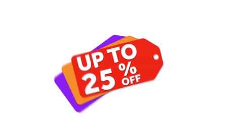 red, orange, and purple sale price tag element animates in, advertising up to 25% off sale