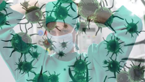 animación de la propagación del coronavirus covid19 con un trabajador de la salud en el fondo
