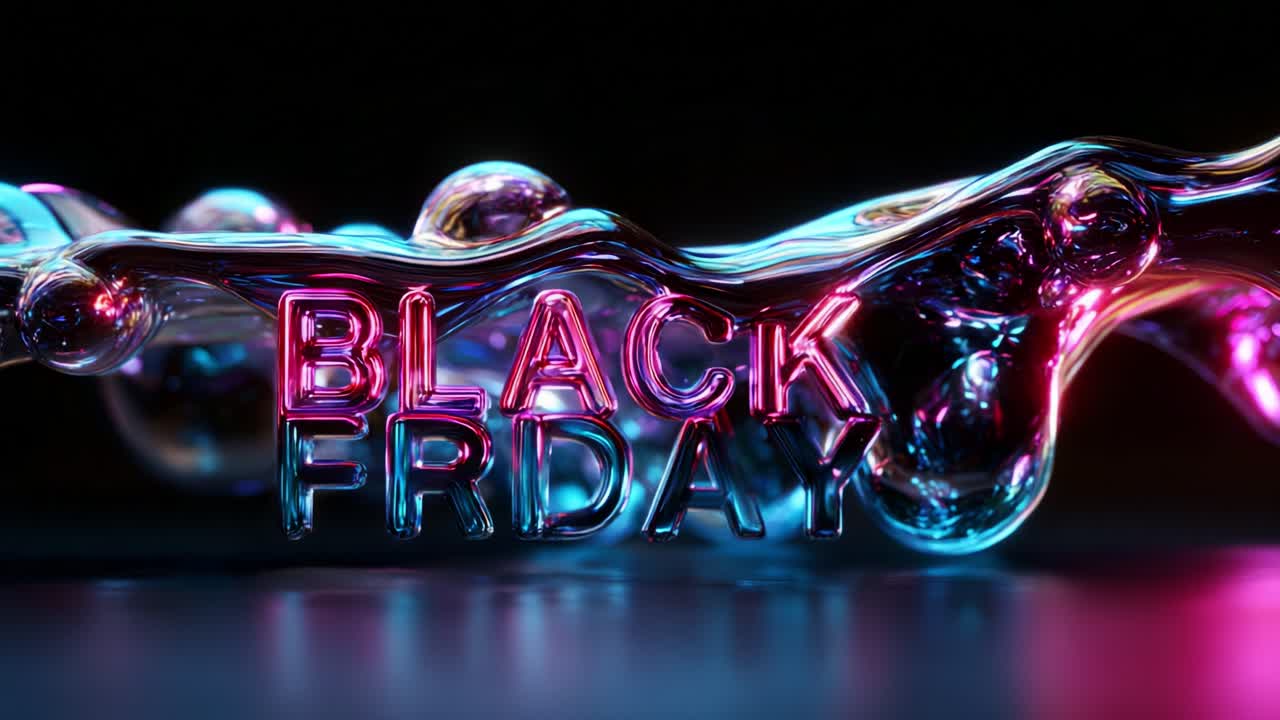 A captivating visual representation of a dynamic glass-like fluid with vibrant neon colors, prominently featuring 'Black Friday' in bold letters, symbolizing excitement and retail energy