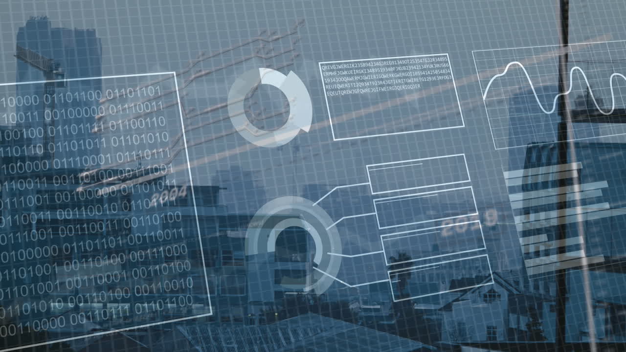 도시 풍경 위의 금융 데이터 처리 애니메이션